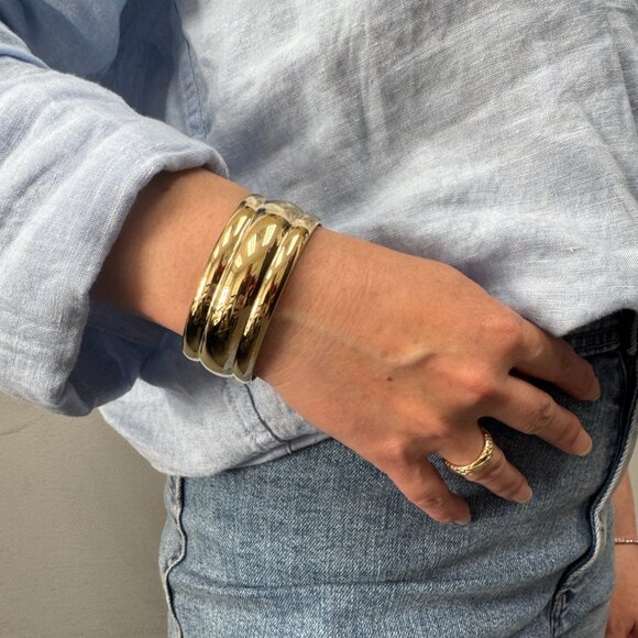 Chunky Cuff Bangle | Sculpted Curvy Line Bracelet | 14K Gold-Plated Silver - Picture 6 of 6